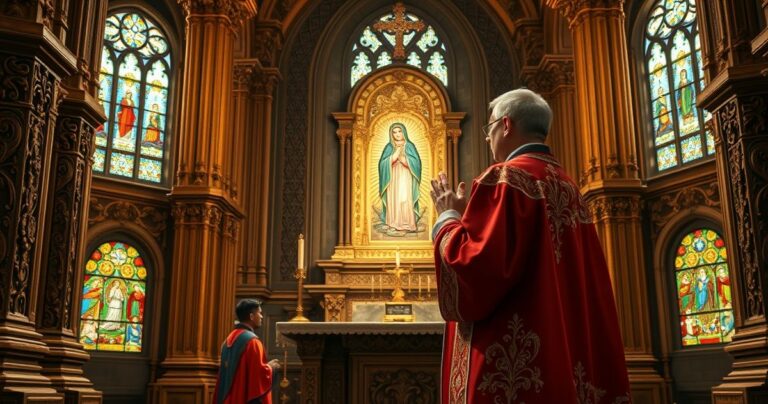 Tradycyjna scena katolicka z kapłanem i obrazem Matki Bożej w świątyni, podkreślająca powagę i wierność doktrynie Kościoła
