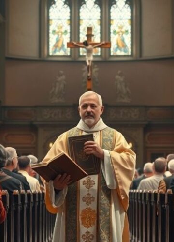 Tradycyjna scena kościelna ukazująca wierność katolickim wartościom przeciwko modernizmowi Tradycyjna katolicka scena w kościele z kapłanem i wiernymi, odzwierciedlająca krytykę współczesnego chaosu duchowego i odrzucenie posoborowego reformizmu