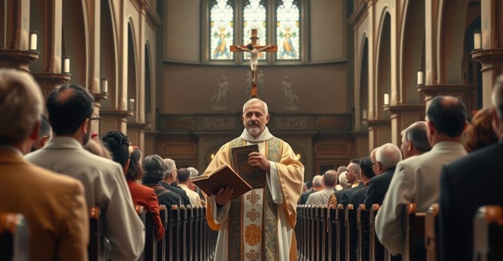 Tradycyjna katolicka scena w kościele z kapłanem i wiernymi, odzwierciedlająca krytykę współczesnego chaosu duchowego i odrzucenie posoborowego reformizmu
