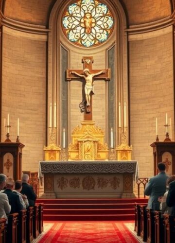 Tradycyjny obraz katolicki ukazujący wierność naukom Kościoła Scena kościelna z tradycyjnym ołtarzem, kapłanami w ornatach i wiernymi, modlącymi się w głębokim szacunku dla katolickiej nauki, odrzucając współczesny modernizm