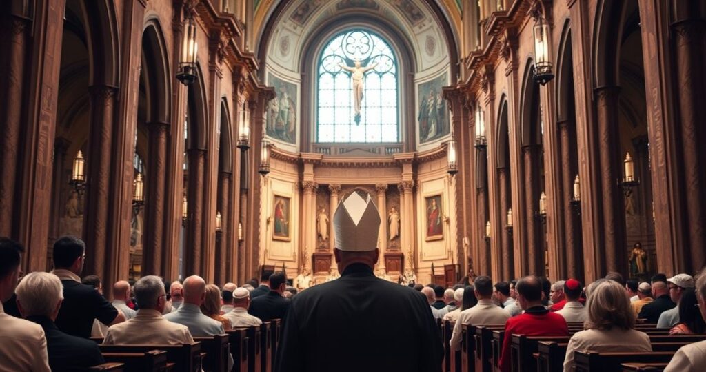 Zdjęcie realistycznej, pełnej szacunku sceny w tradycyjnej katolickiej świątyni z duchownymi i wiernymi, podkreślające autentyczną liturgię i powagę sytuacji, odzwierciedlającą krytykę modernistycznych odchyleń i nielegalnej sukcesji papieskiej