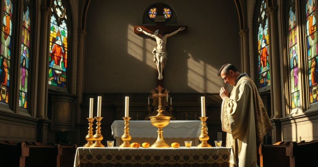 Tradycyjna katolicka scena liturgiczna w świątyni, z kapłanem przy ołtarzu, symbolizująca królestwo Chrystusa i wierność Tradycji w obliczu współczesnych konfliktów