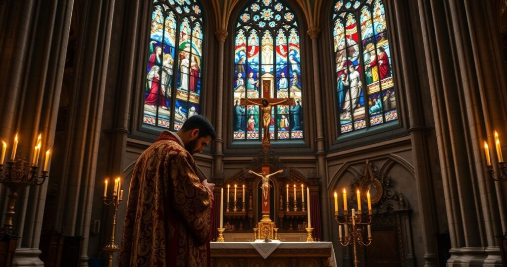 Religijna scena katolicka w świątyni, kapłan modlący się przed ołtarzem z krucyfiksem i świecami, w otoczeniu witraży świętych, ukazująca wiarę i pokorę.