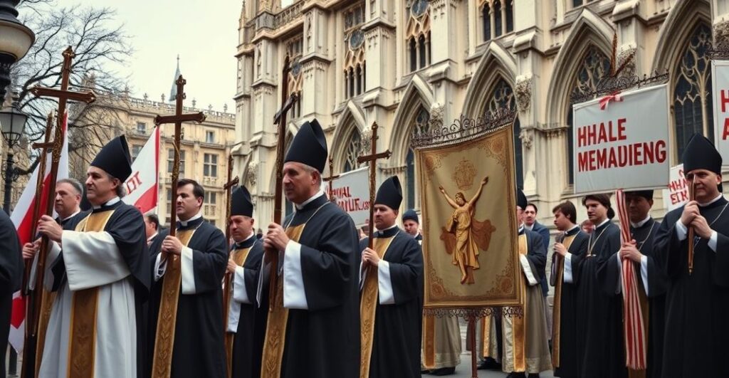 Szczera, pełna szacunku scena katolicka w Londynie, ukazująca duchownych w liturgicznej szacie, symbolizujących prawdziwą wiarę katolicką i odrzucenie nowoczesnych błędów