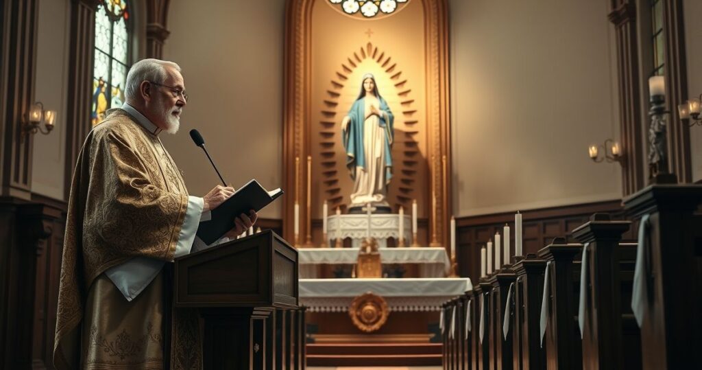 Fotografia realistyczna ukazująca tradycyjną katolicką liturgię z kapłanem i obrazem Matki Bożej w kościele, wyrażająca powagę i duchową głębię