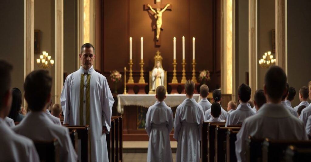 Tradycyjna katolicka służba ołtarzowa w kościele z ministrantami w białych szatach i kapłanem w tradycyjnych ornatach.
