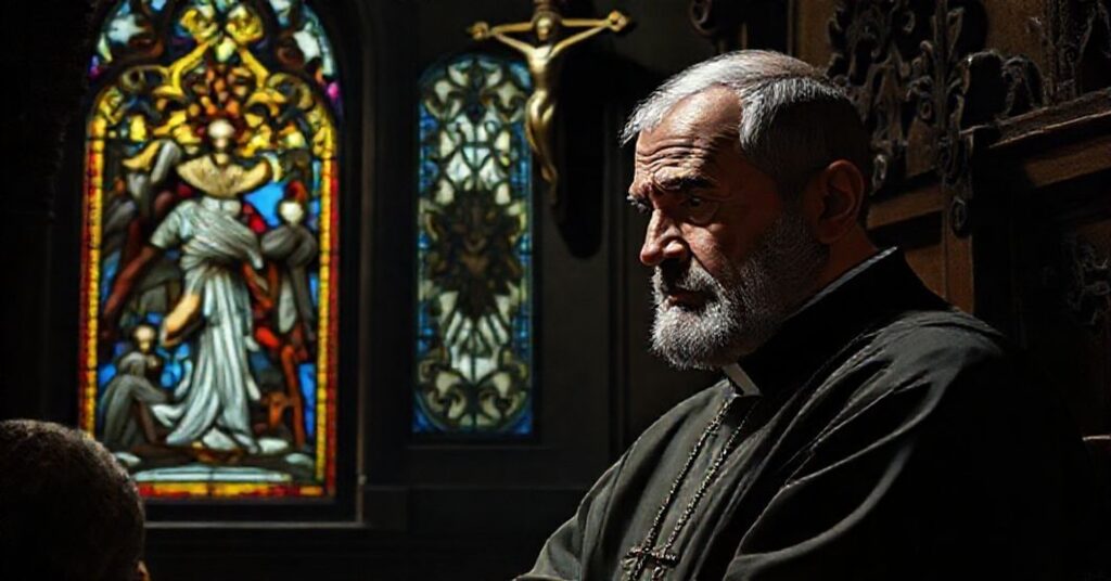 Tradycyjny katolicki ksiądz w spowiedzi z oknem przedstawiającym Ostateczny Sąd jako kontrast dla nowoczesnej herezji "aktywnego oczekiwania" promowanej przez Leona XIV