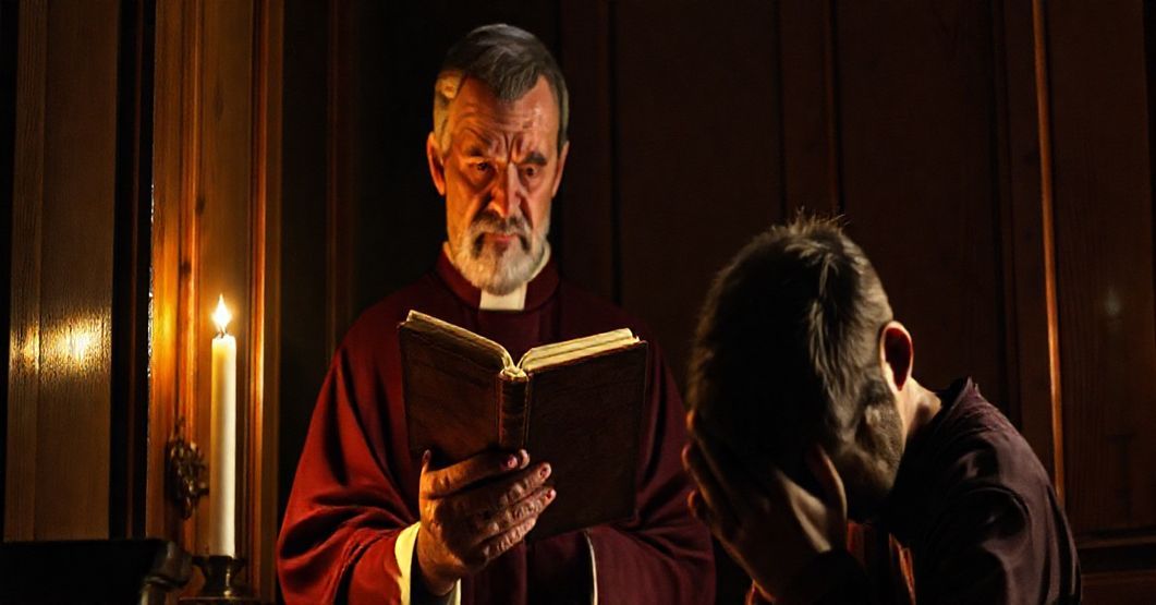 Stary ksiądz w konfesjonale, poważny i zatroskany, słuchający spowiedzi wiernego, który wygląda na głęboko pokutujący, w tradycyjnym kościele katolickim.