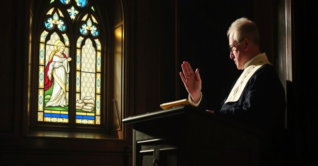Tradycyjny katolicki ksiądz w sukmanie i albie udziela sakramentu pokuty w drewnianej konfesjonałce z kratką. Penitent klęczy w modlitwie przy oknie witrażowym przedstawiającym Chrystusa Pasterza Dobregiego.