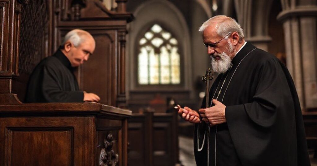 Staruszek księdz w czarnej sutannie wysłuchuje spowiedzi od pokutnika klęczącego się w tradycyjnym koście francuskim. Scena akcentuje uroczyście sakramentu pokuty.