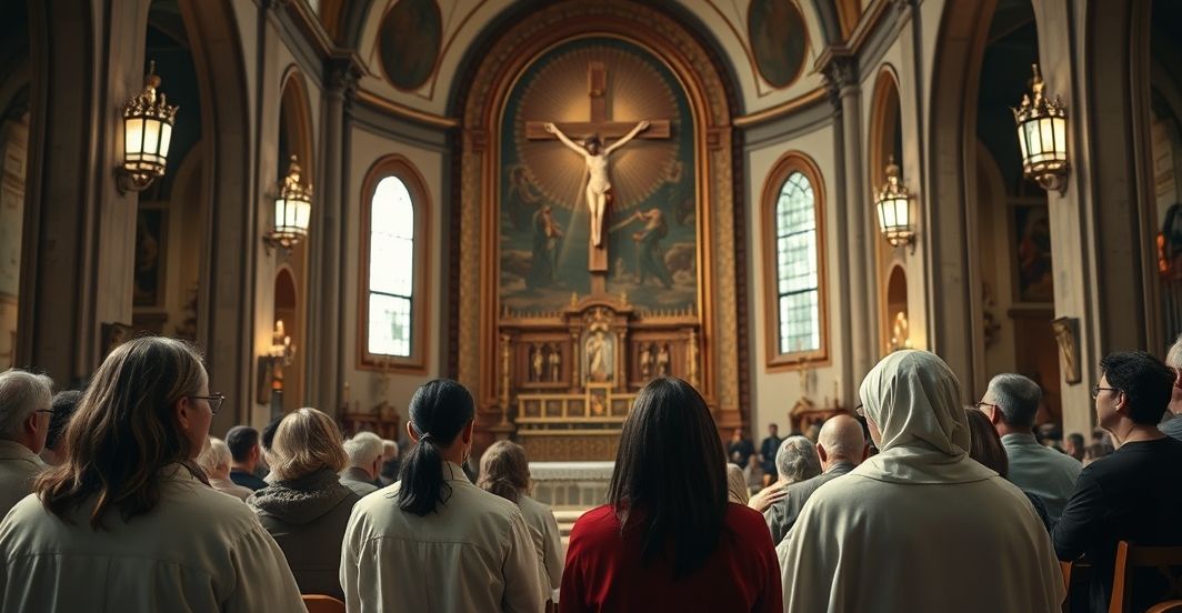 Sytuacja w tradycyjnej katedrze, kobiety składają świadectwa podczas nabożeństwa, z krzyżem i ołtarzem w tle, oddają powagę i wiarę katolicką, w kontrast do modernistycznej rewolucji.