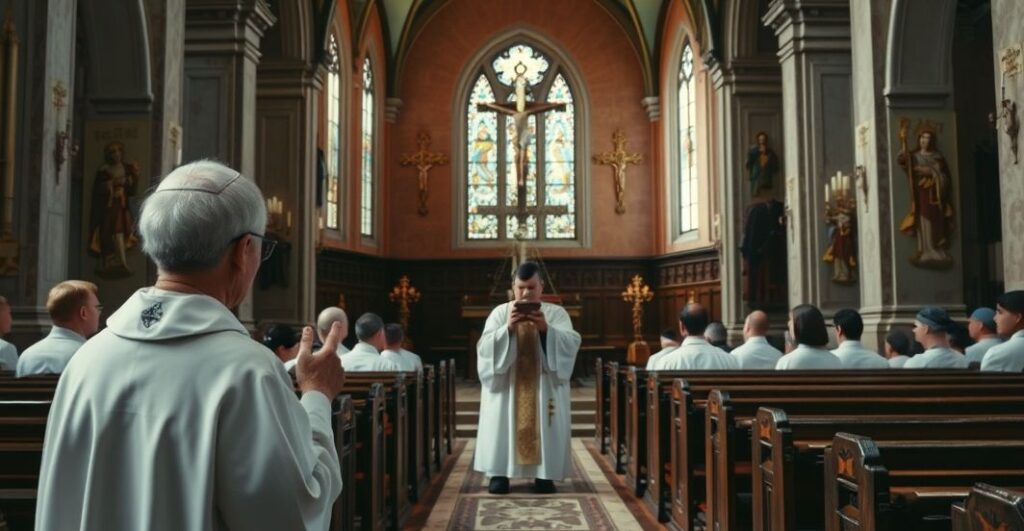 Sakramentalna scena w tradycyjnej katolickiej świątyni z kapłanem trzymającym krucyfiks, symbolizująca wierną wiarę i krytykę modernistycznej teologii