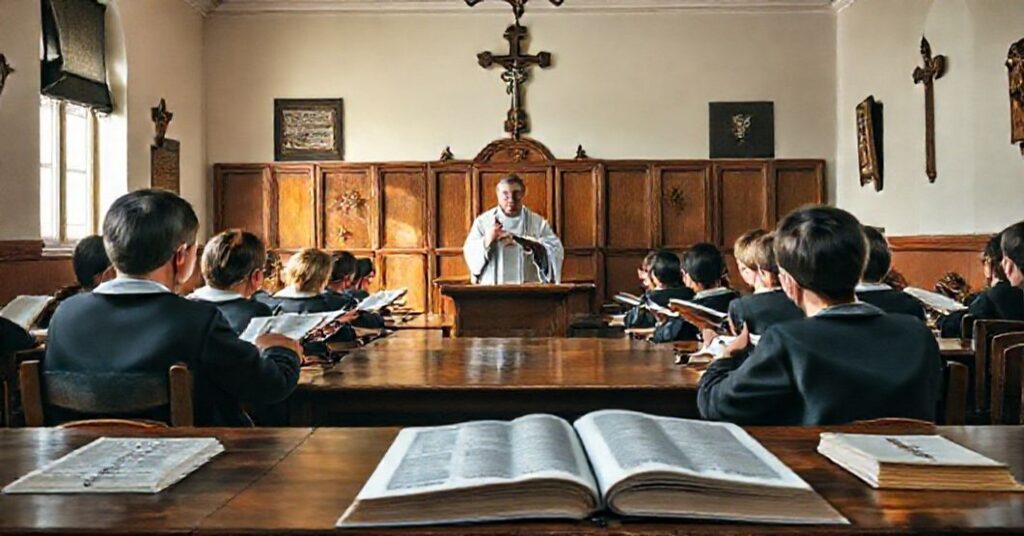 Tradycyjna klasa szkolna z religijnymi symbolami i uczniami modlącymi się