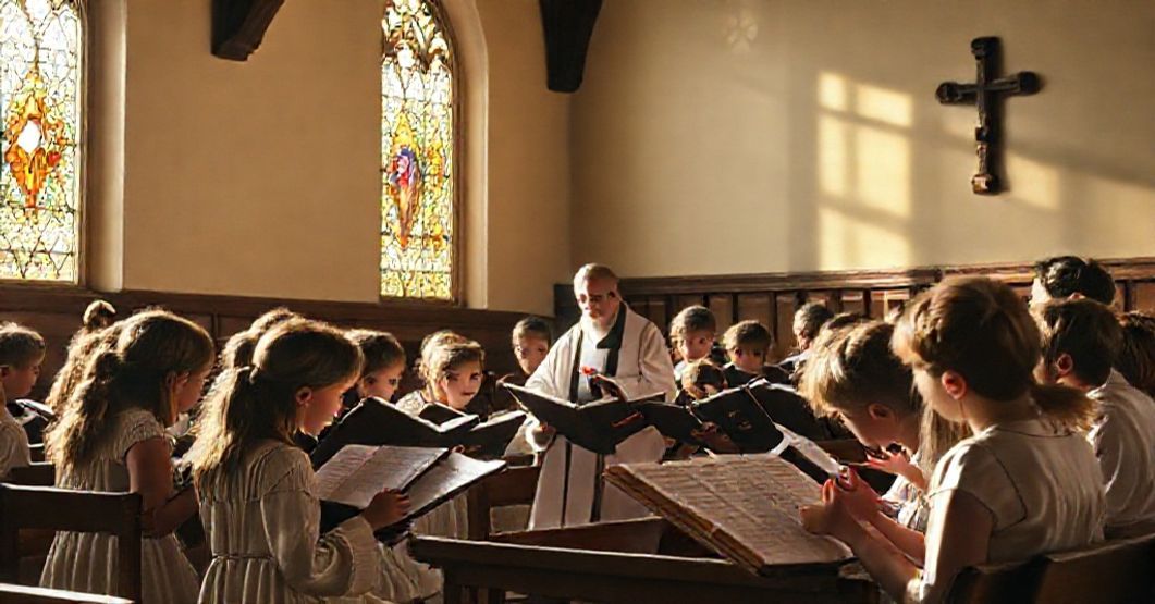 Zdjęcie przedstawia tradycyjną katolicką szkołę muzyki sakralnej z uczniami uczącymi się pieśni gregoriańskiej pod kierunkiem księdza przy naturalnym oświetleniu z witraży