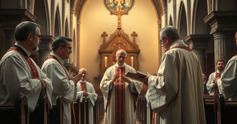 Tradycyjna katolicka scena w kościele, kapłan udziela sakramentów, podkreślając wagę prawdziwego nawrócenia i nauki Kościoła.