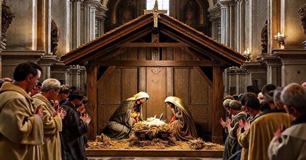 Tradycyjna szopka betlejemska na Placu św. Piotra w Rzymie z drewnianymi i gipsowymi figurkami przedstawiającymi Świętą Rodzinę otoczoną modlącymi się pielgrzymami