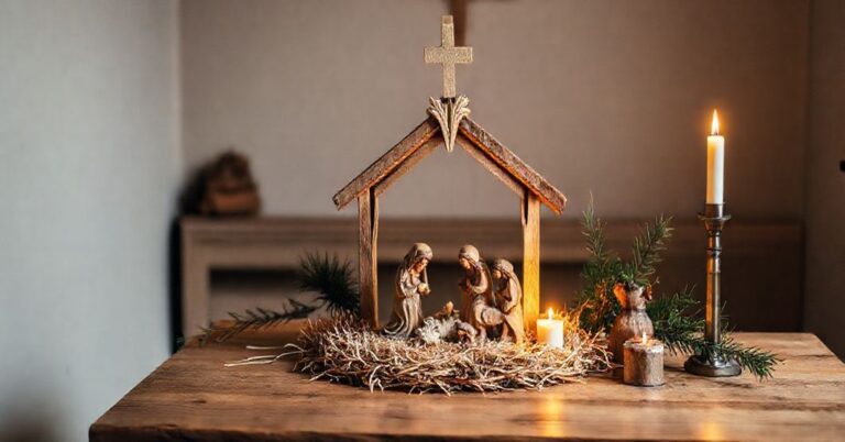 Tradycyjna szopka bożonarodzeniowa z rzeźbionymi figurkami Świętej Rodziny i pastorów, oświetlona ciepłym światłem świec. Prosta, ciepła scena, podkreślająca sakralność Bożego Narodzenia.