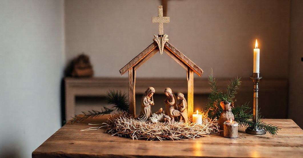 Tradycyjna szopka bożonarodzeniowa z rzeźbionymi figurkami Świętej Rodziny i pastorów, oświetlona ciepłym światłem świec. Prosta, ciepła scena, podkreślająca sakralność Bożego Narodzenia.