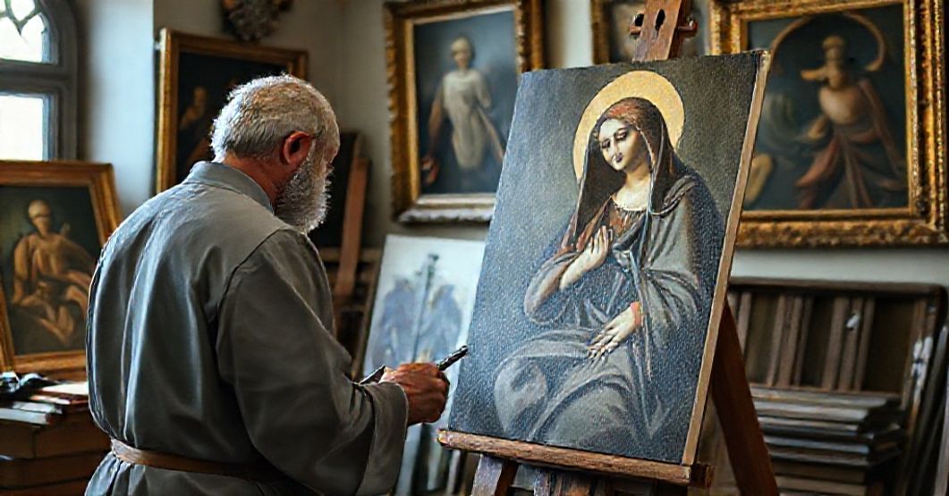 Tradycyjny katolicki malarz tworzący pokorną, kanonicznie poprawną reprezentację Nawiedzenia Najświętszej Maryi Panny i Elżbiety, stosując klasyczne techniki i przestrzegając norm sztuki sakralnej.