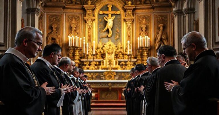 Wnętrze kościoła z tradycyjnymi kapłanami modlącymi się przed ołtarzem w otoczeniu klasycznej sztuki sakralnej.