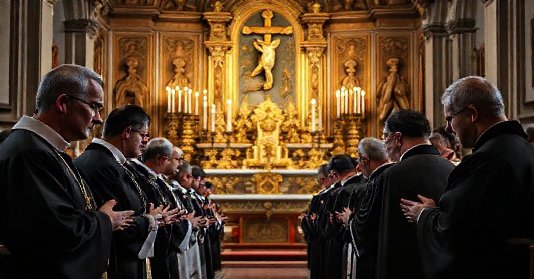 Wnętrze kościoła z tradycyjnymi kapłanami modlącymi się przed ołtarzem w otoczeniu klasycznej sztuki sakralnej.