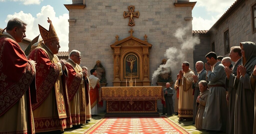 Religijna scena na zewnątrz starego klasztoru podczas tradycyjnych uroczystości, z kapłanami i wiernymi w modlitewnej zadumie, oddająca szacunek dla prawdziwej katolickiej liturgii, bez nowoczesnych i symbolicznych elementów.