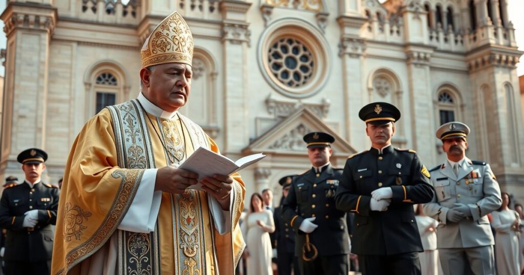 Fotografia realistyczna katolickiego księdza głoszącego homilię podczas uroczystości maryjnej z wojskiem, podkreślająca tradycyjne wartości i patriotyzm