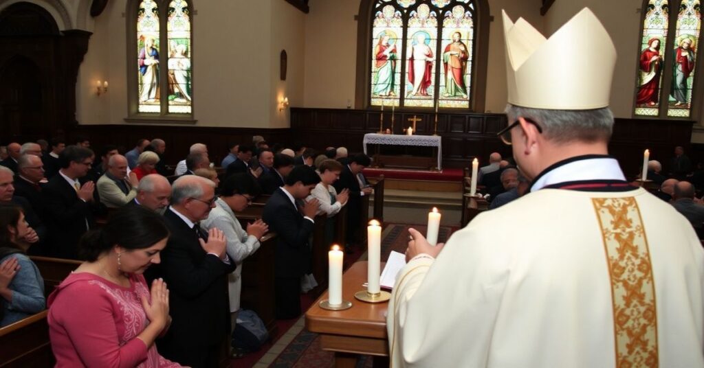 Tradycyjna uroczystość Wielkanocy w katolickim kościele z kapłanem w ornacie i modlącą się wspólnotą.