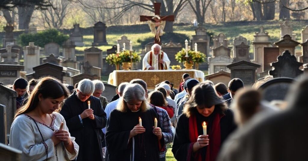 Cmentarz kościłowski w Olsztynie podczas uroczystości Wszystkich Świętych z tradycyjną Mszą łacińską i modlącymi się wiernymi