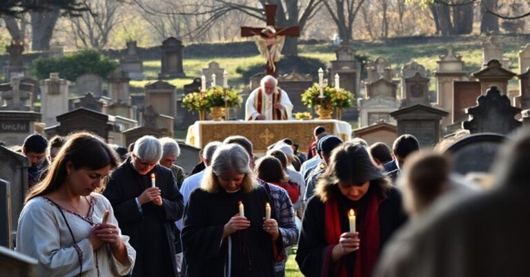 Cmentarz kościłowski w Olsztynie podczas uroczystości Wszystkich Świętych z tradycyjną Mszą łacińską i modlącymi się wiernymi