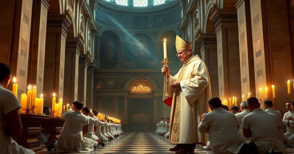 Obraz przedstawiający tradycyjną wielkanocną wigilię w Bazylice św. Piotra z biskupem w pełnym stroju liturgicznym i katechumenami w białych szatach.