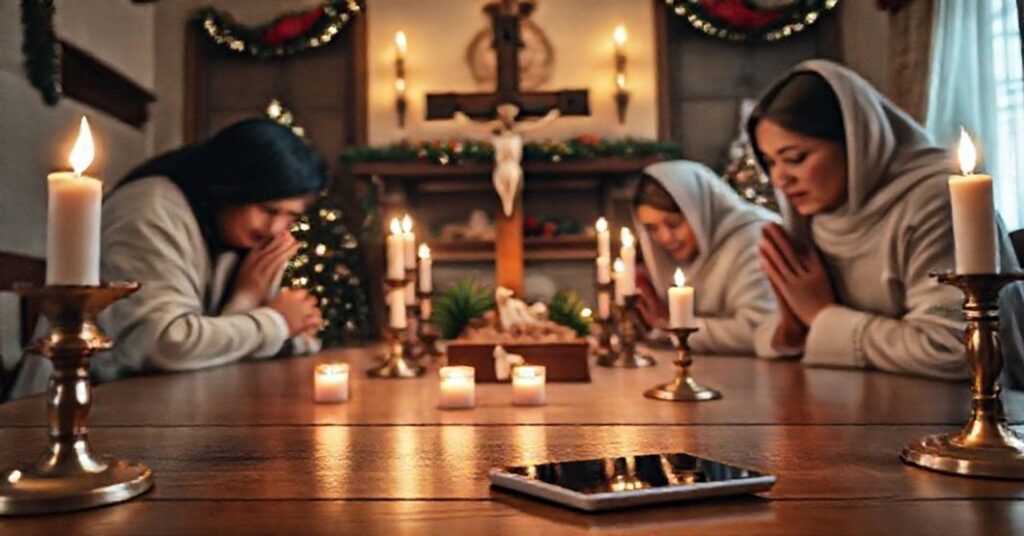 Rodzina modląca się w wigilię Bożego Narodzenia przy drewnianym krzyżu i szopce, z telefonem odłożonym na bok.