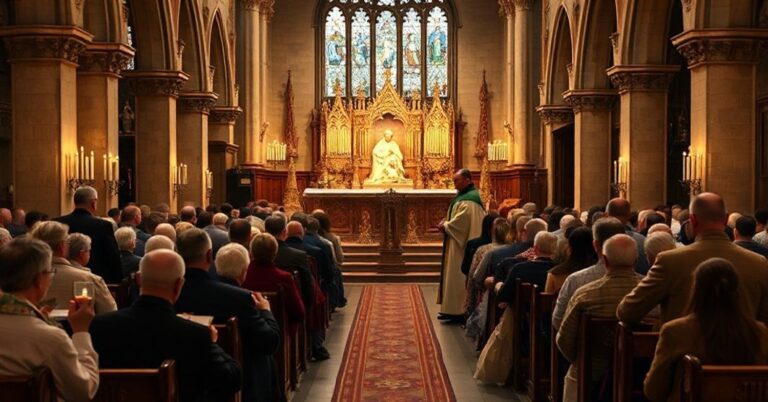 Tradycyjna katolicka scena ukazująca uroczystość wigilii Bożego Narodzenia w historycznym kościele z sedewakantystą w pełnym stroju liturgicznym. Ołtarz ozdobiony świecami i szopką betlejemską, a zbór w modlitwie