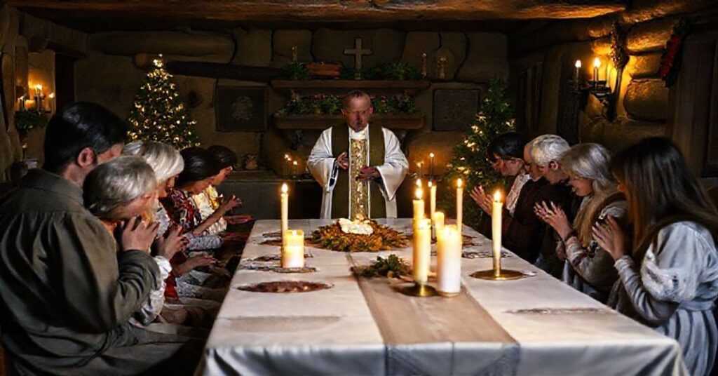 Grupa tradycyjnych rodzin katolickich zebrana w domowym wnętrzu podczas Wigilii Bożego Narodzenia