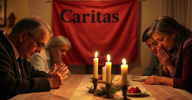 Tradycyjna katolicka rodzina modli się podczas Wigilii. Świeca na stole rzuca ciepłe światło na twarze. W tle widnieje baner Caritas.
