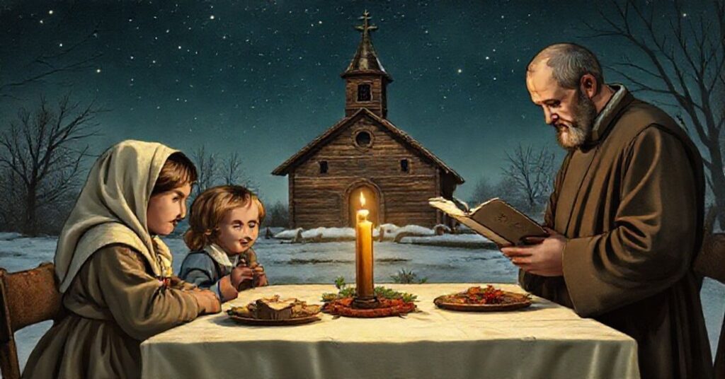 Solemne zdjęcie przedstawiające tradycyjną polską wigilię z rodziną zebraną wokół prostej stołu przy ozdobnym stole i świecy. Ojciec czyta z modlitewnika podczas gdy matka i dzieci słuchają uważnie. Na tle stoi stara drewniana świątynia pod gwiaździstym niebem.