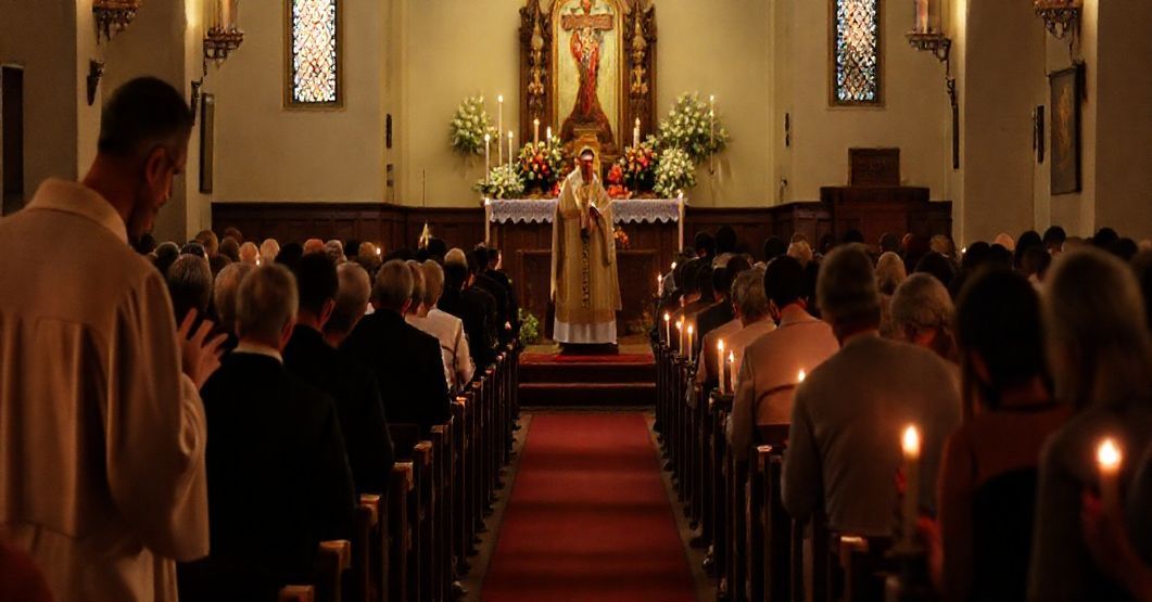 Czcigodny widok tradycyjnej katolickiej wigilii Wszystkich Świętych w kościele, z kapłanem w sutannie i wiernymi modlącymi się w uroczystej atmosferze.