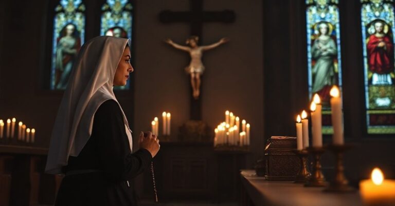 Portret tradycyjnej zakonnicy w habitach modlącej się przed krucyfiksem w ciemnym kościele z krzyżem i różańcem w ręku