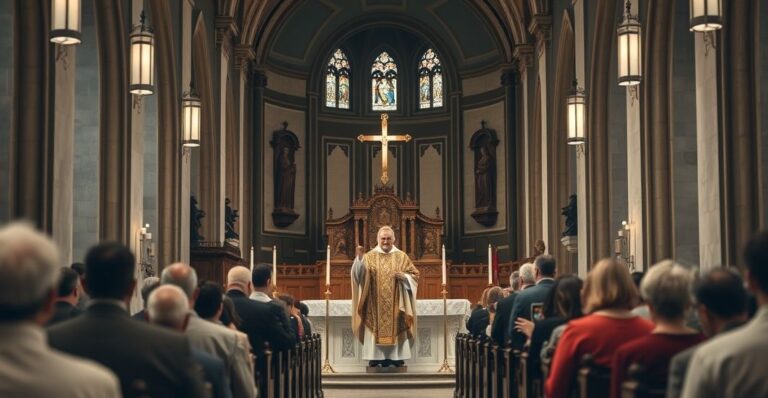 Szlachetny, realistyczny obraz katolickiego kościoła z kapłanem podczas Mszy, podkreślający pobożność i sakralność liturgii