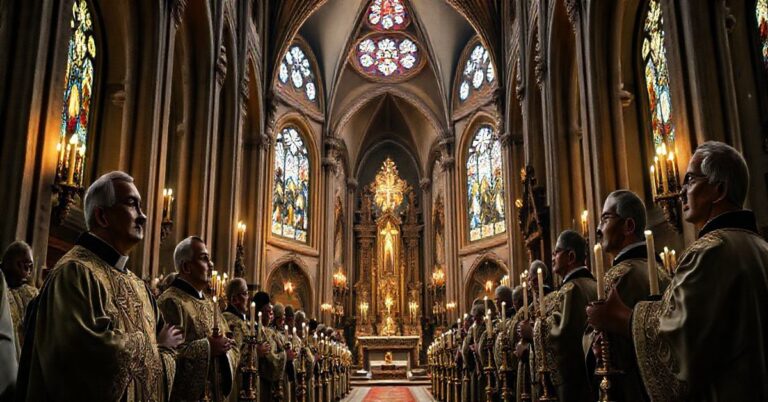 Rewersyjna scena liturgiczna w tradycyjnym kościele katolickim, ukazująca duchownych w liturgii, wyrazem troski o prawdziwą wiarę i odrzucenie modernistycznych odstępstw.