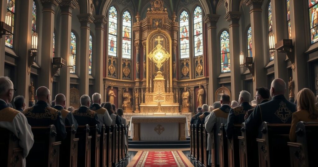 Wnętrze katolickiego kościoła z kapłanami podczas mszy, skupione na ołtarzu i Eucharystii, wyraz głębokiej pobożności i szacunku dla tradycyjnej wiary katolickiej