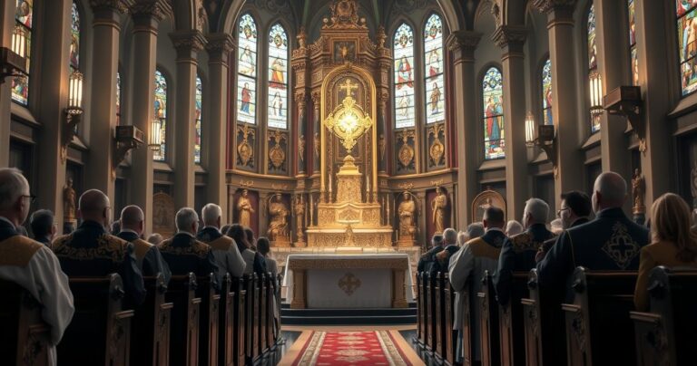 Wnętrze katolickiego kościoła z kapłanami podczas mszy, skupione na ołtarzu i Eucharystii, wyraz głębokiej pobożności i szacunku dla tradycyjnej wiary katolickiej