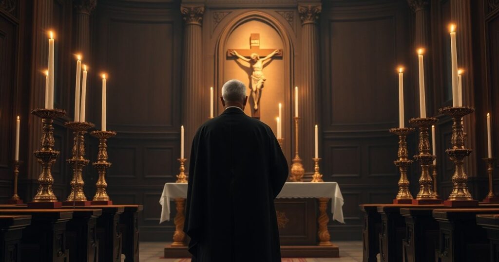 Rewersyjne i pobożne przedstawienie katolickiego kapłana podczas adoracji Eucharystii w tradycyjnej kaplicy, symbolizujące wierność naukom Kościoła odrzucającym modernistyczną herezję