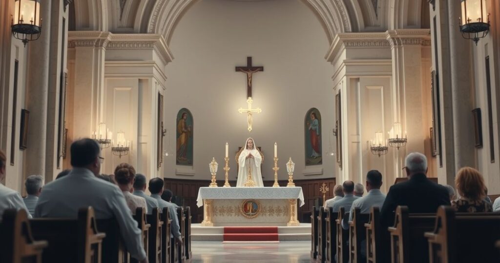 Tradycyjna katolicka adoracja Eucharystii w kościele, skupienie na monstrancji i świętości sakramentu, wierny i pełen szacunku obraz liturgii