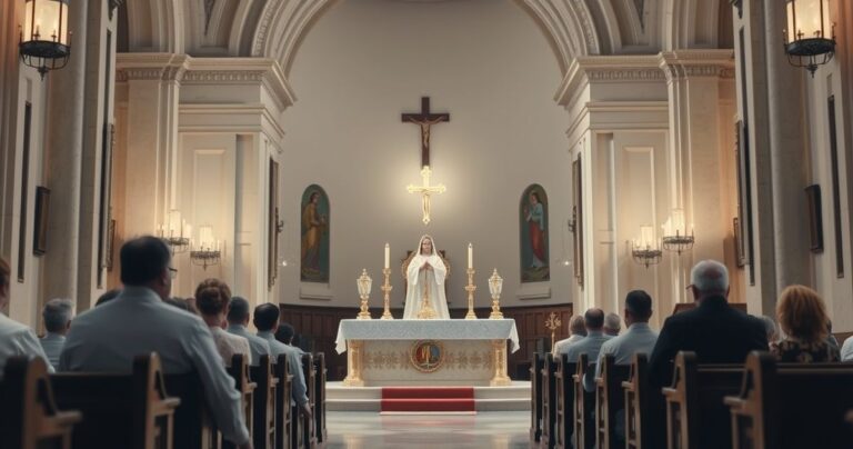 Tradycyjna katolicka adoracja Eucharystii w kościele, skupienie na monstrancji i świętości sakramentu, wierny i pełen szacunku obraz liturgii
