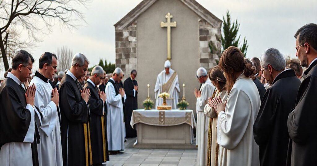 Zdjęcie religijne ukazujące tradycyjną katolicką adorację na zewnątrz, z kapłanami w kazułach i wiernymi modlącymi się przy ołtarzu, ukazujące autentyczną pobożność i liturgiczną powagę