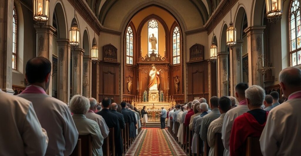 Tradycyjny, sakralny obraz kościoła katolickiego podczas uroczystości beatyfikacji, ukazujący powagę i autentyczność wydarzenia religijnego, zgodnie z katolicką tradycją.