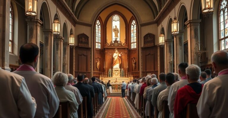 Tradycyjny, sakralny obraz kościoła katolickiego podczas uroczystości beatyfikacji, ukazujący powagę i autentyczność wydarzenia religijnego, zgodnie z katolicką tradycją.