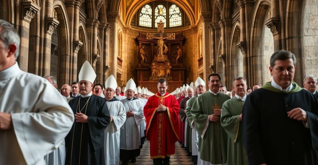Kaplica katolicka z kapłanami w liturgii, symbolizująca tradycyjną wiarę i sprzeciw wobec modernistycznych tendencji w Kościele