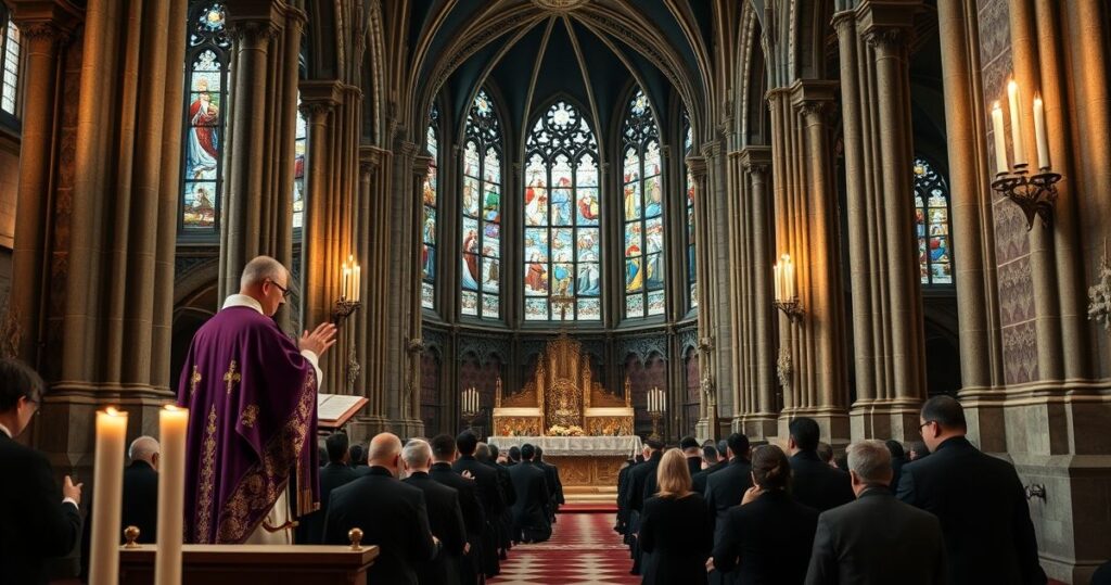 Realistyczne zdjęcie tradycyjnej katolickiej ceremonii pogrzebowej w kościele, z duchownymi w szatach liturgicznych, podkreślające powagę i wierność tradycji katolickiej.